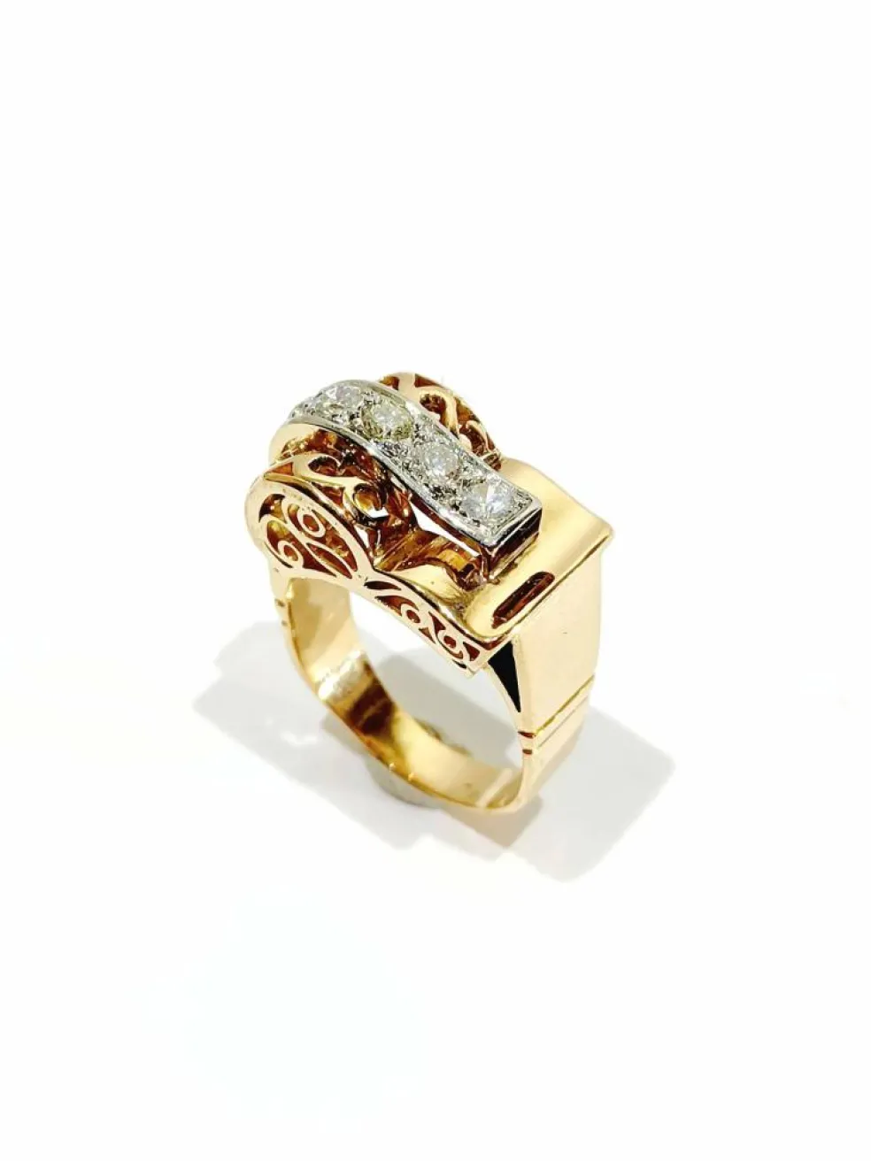 Bague Tank or rose platine diamants