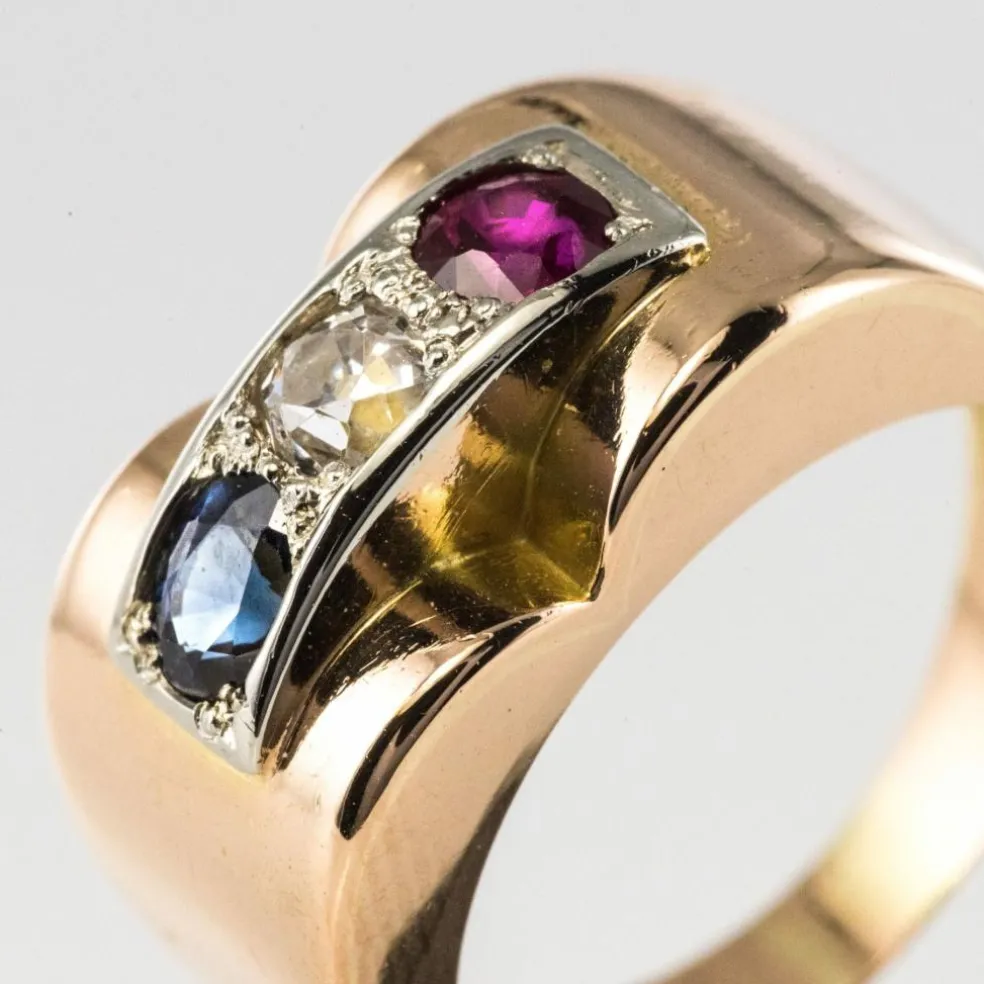 Bague Tank patriotique Saphir Diamant Rubis