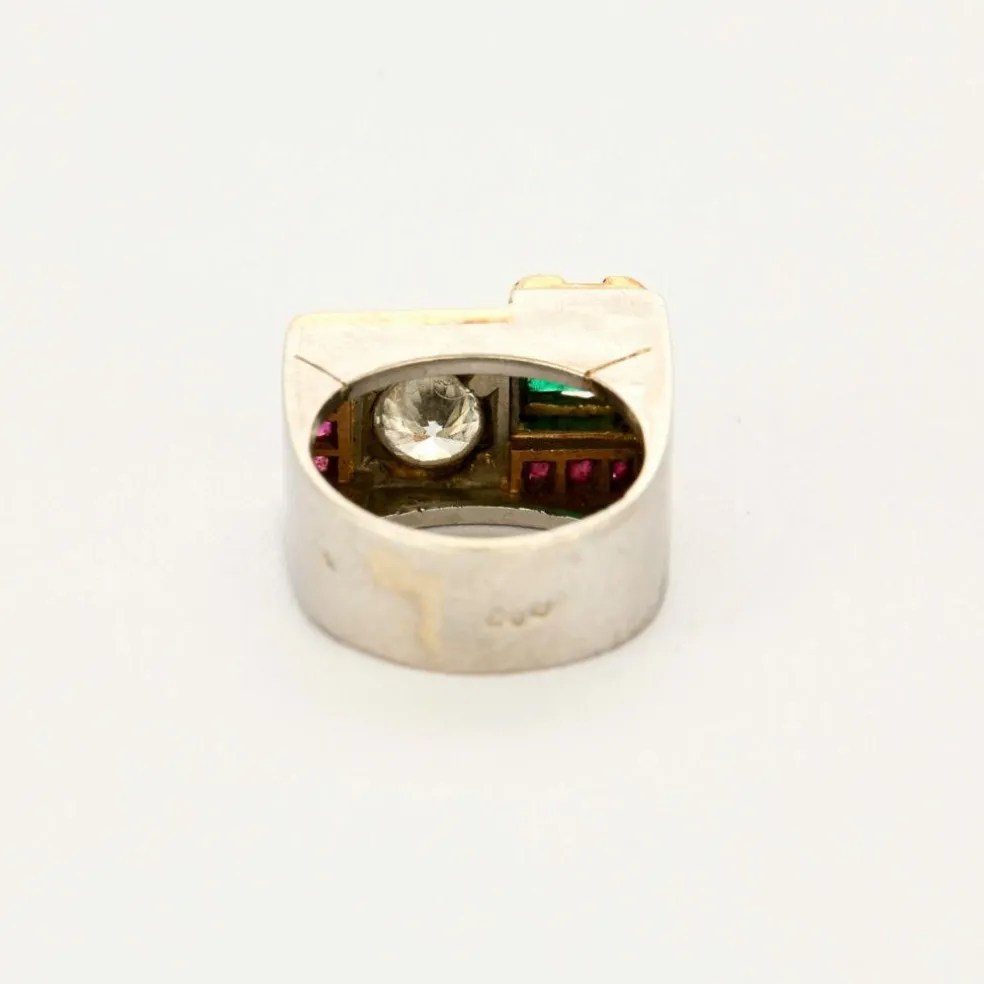 Bague Tank platine et or jaune, émeraude, rubis et diamants