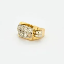 Bague tank pont or jaune platine diamants