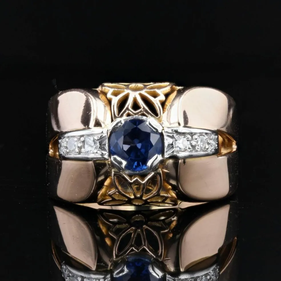 Bague tank saphir diamants bombée
