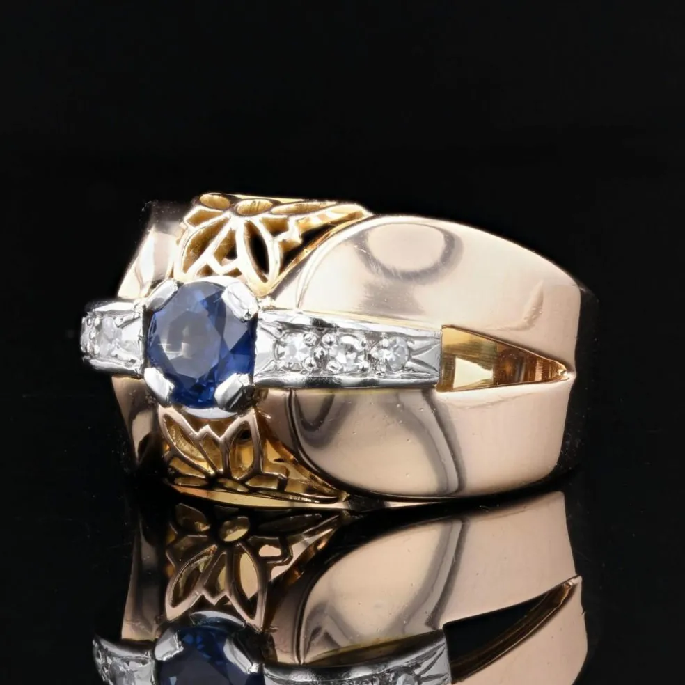 Bague tank saphir diamants bombée