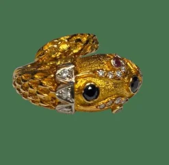 BAGUE TETE DE SERPENT OR 18K DIAMANTS SAPHIRS RUBIS (T.50)