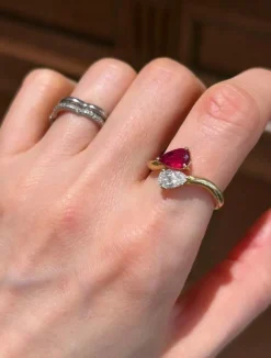 Bague Toi & Moi en or jaune 18k rubis et diamant