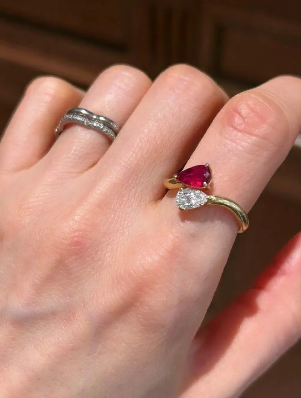 Bague Toi & Moi en or jaune 18k rubis et diamant