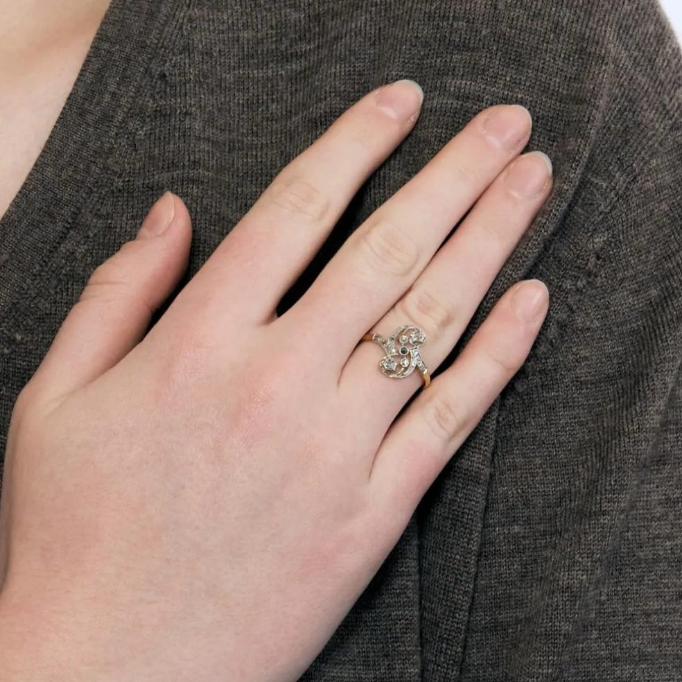 Bague Toi & Moi en or jaune et gris, diamants taille rose