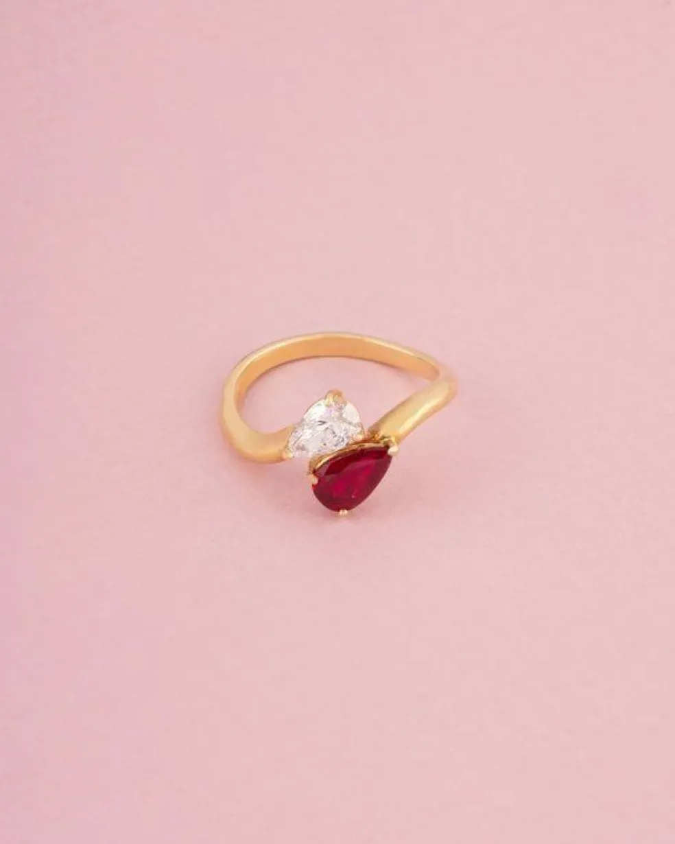 Bague Toi & Moi en or jaune 18k rubis et diamant