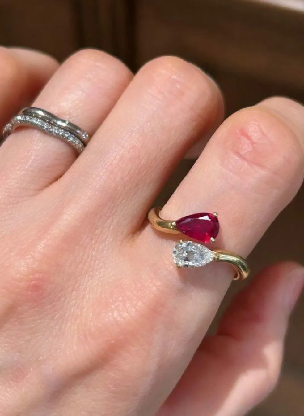 Bague Toi & Moi en or jaune 18k rubis et diamant
