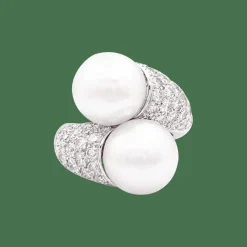 Bague "Toi & Moi" or blanc, diamants, perles.