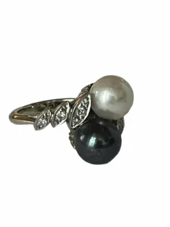 Bague Toi & Moi Or Gris Perles Diamants