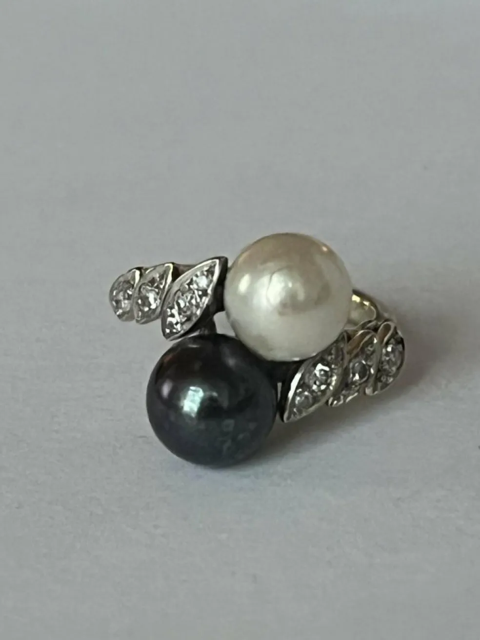 Bague Toi & Moi Or Gris Perles Diamants