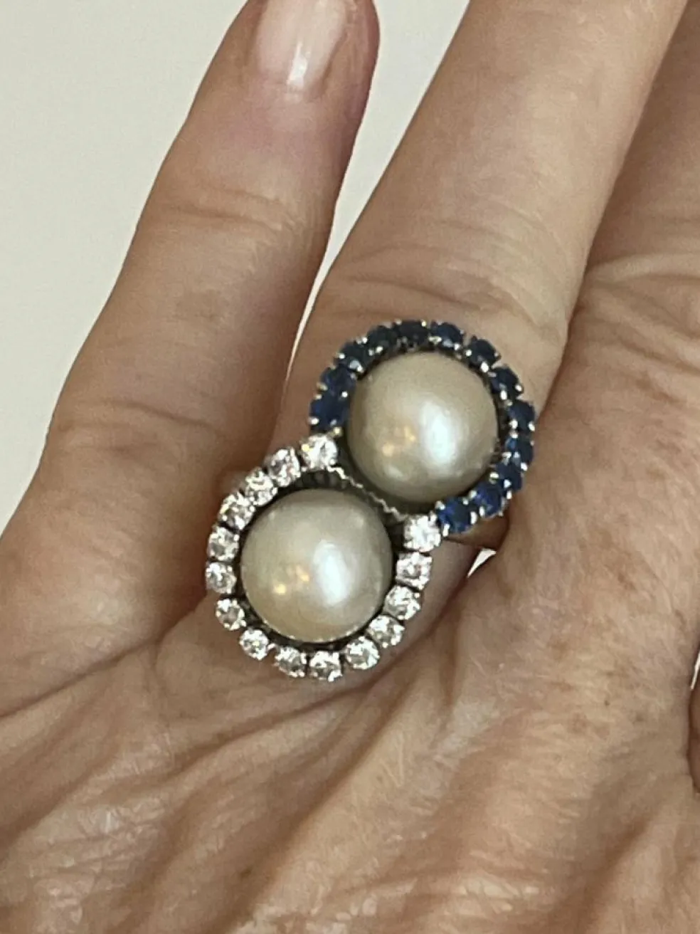 Bague Toi & Moi Or Gris Platine Perles Saphirs Diamants