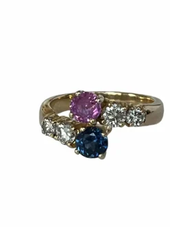 Bague Toi & Moi Or Jaune Saphir Rubis Diamants