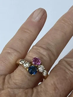 Bague Toi & Moi Or Jaune Saphir Rubis Diamants