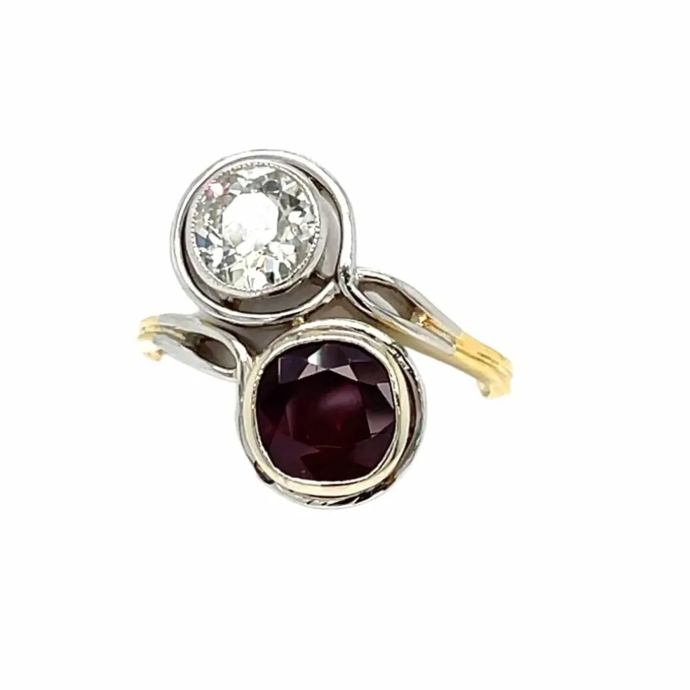 Bague Toi et Moi Ancienne Diamant Rubis Platine Or