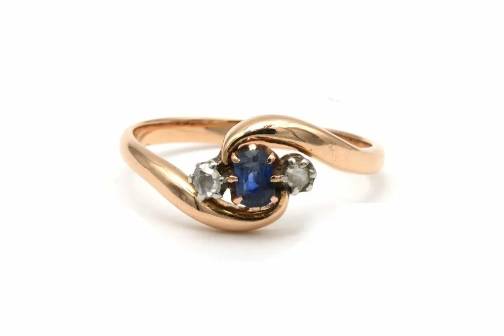 Bague "toi et moi" Art Nouveau or jaune, saphir, diamants