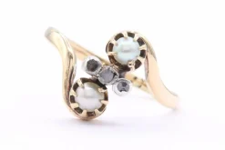Bague Toi et moi Art Nouveau en or jaune et argent sertie de perles et de diamants