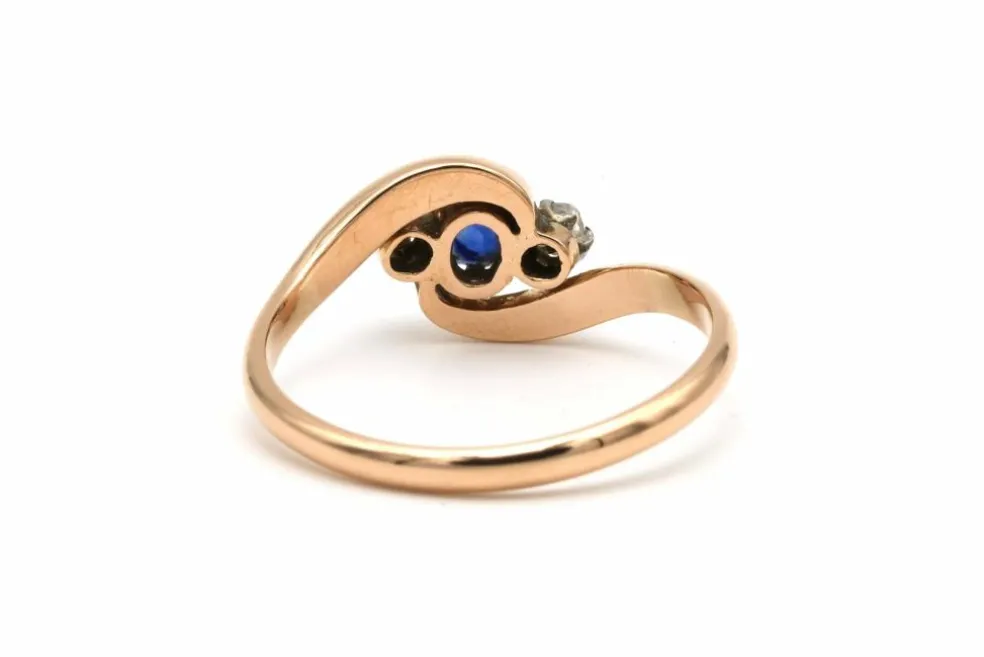 Bague "toi et moi" Art Nouveau or jaune, saphir, diamants