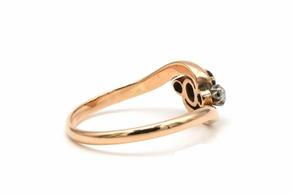 Bague "toi et moi" Art Nouveau or jaune, saphir, diamants