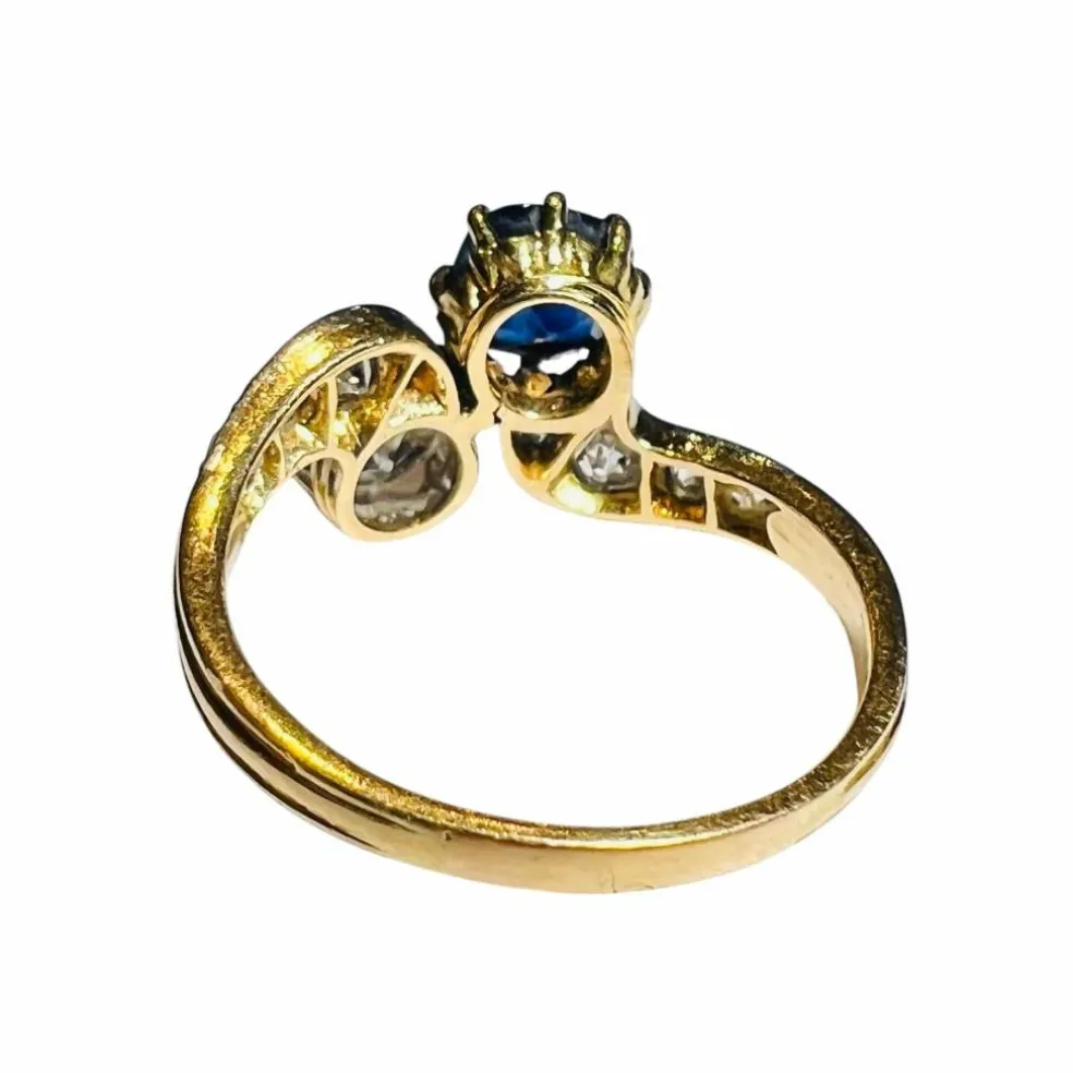 Bague toi et moi diamant saphirs or jaune diamant saphir pavage de diamant