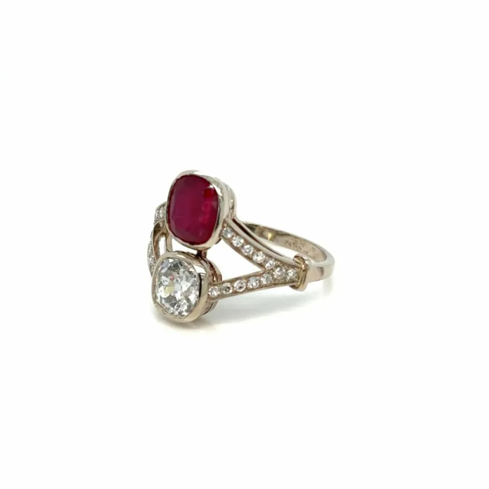 Bague "Toi et Moi" en diamant rubis naturel non chauffé certifié victorien