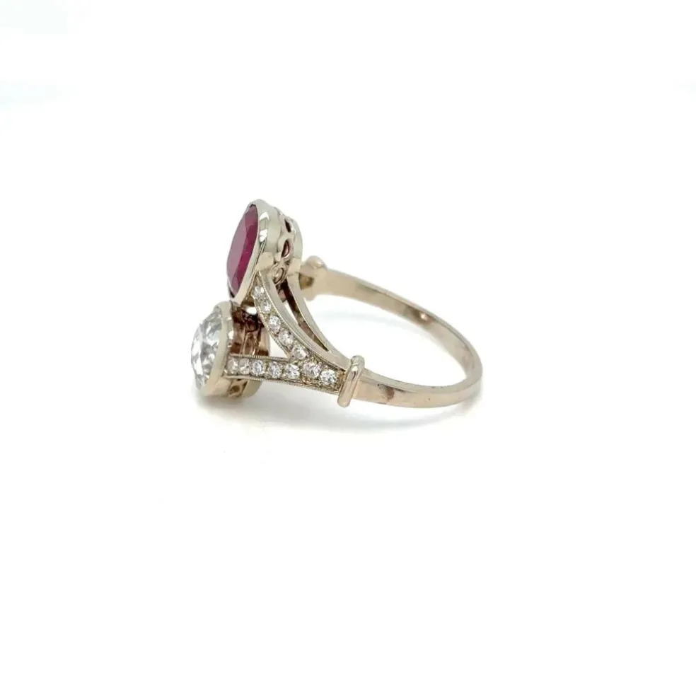 Bague "Toi et Moi" en diamant rubis naturel non chauffé certifié victorien