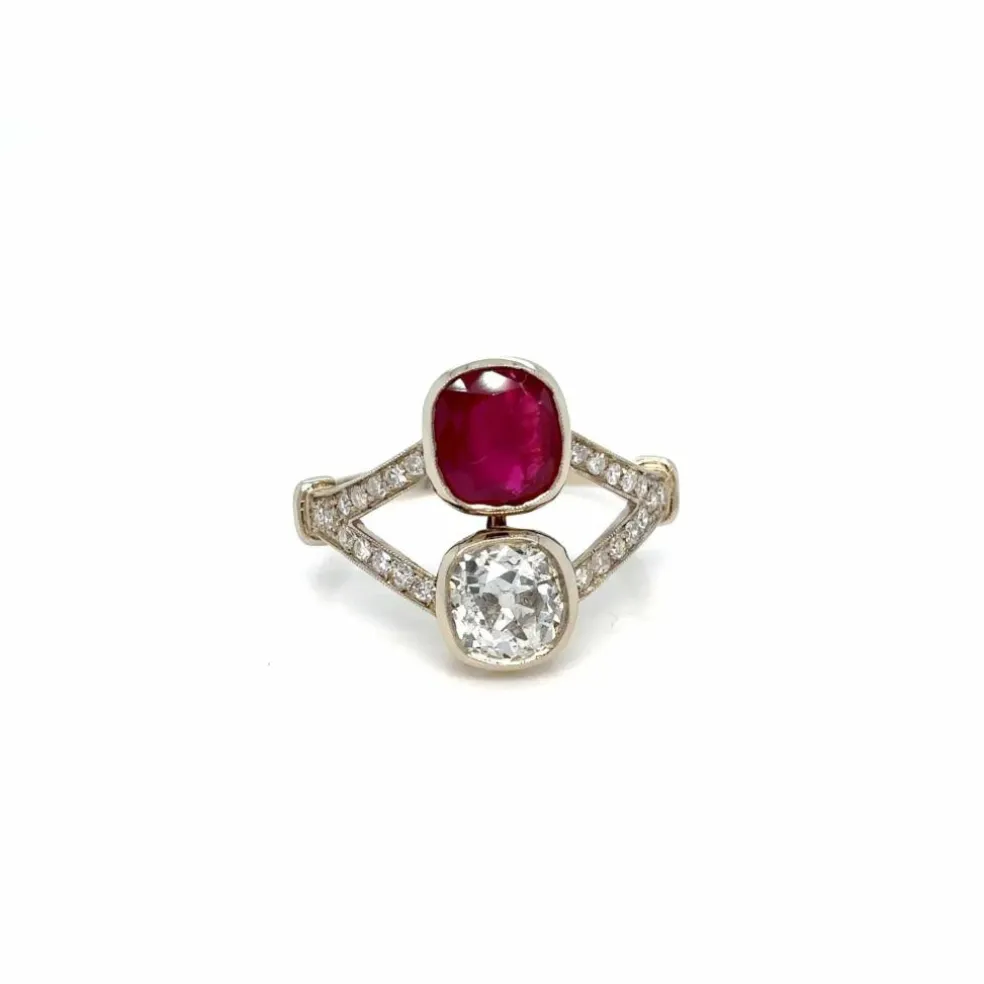 Bague "Toi et Moi" en diamant rubis naturel non chauffé certifié victorien