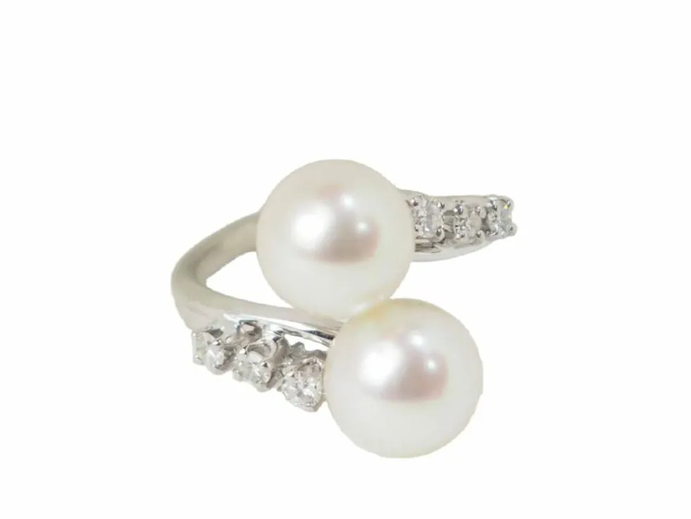 Bague Toi et Moi en or blanc, perles de culture et diamants