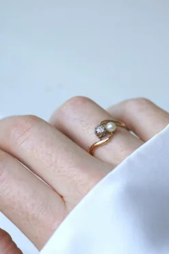 Bague Toi et Moi en Or Jaune Platine Perle et Diamant