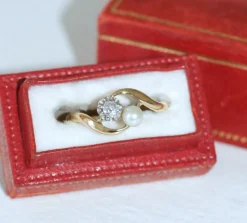 Bague Toi et Moi en Or Jaune Platine Perle et Diamant
