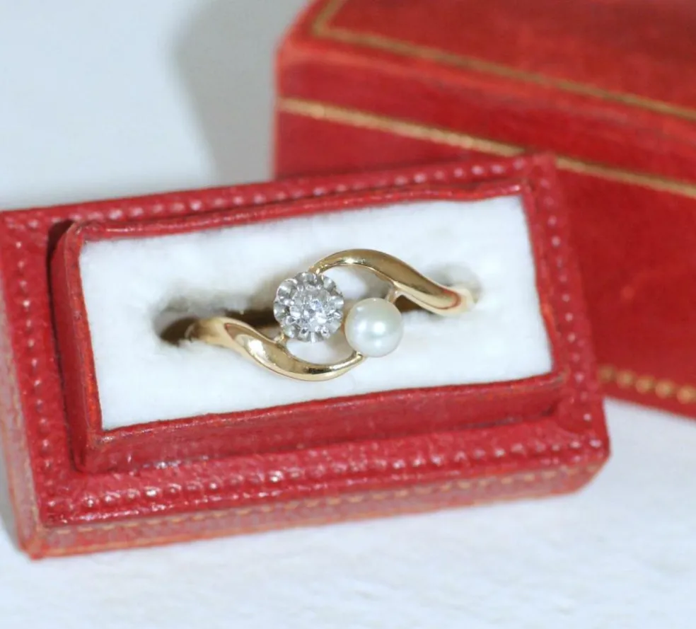 Bague Toi et Moi en Or Jaune Platine Perle et Diamant