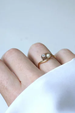 Bague Toi et Moi en Or Jaune Platine Perle et Diamant