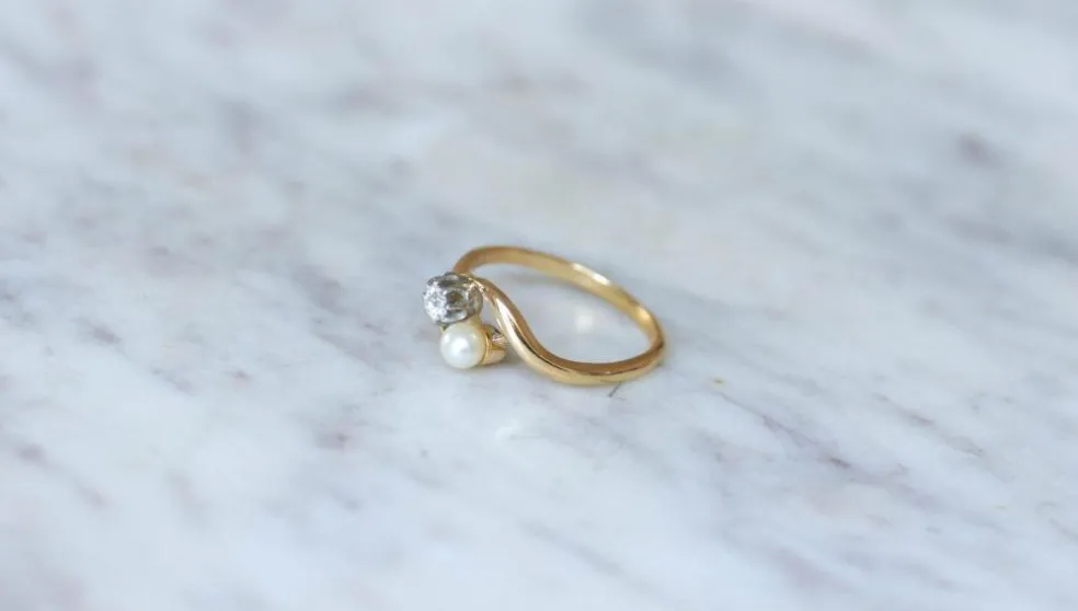 Bague Toi et Moi en Or Jaune Platine Perle et Diamant