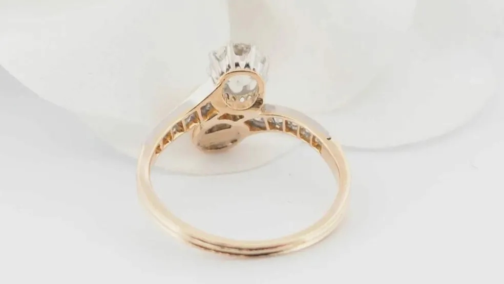 Bague Toi et Moi en or jaune, diamants et perle de culture