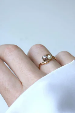 Bague Toi et Moi en Or Jaune Platine Perle et Diamant