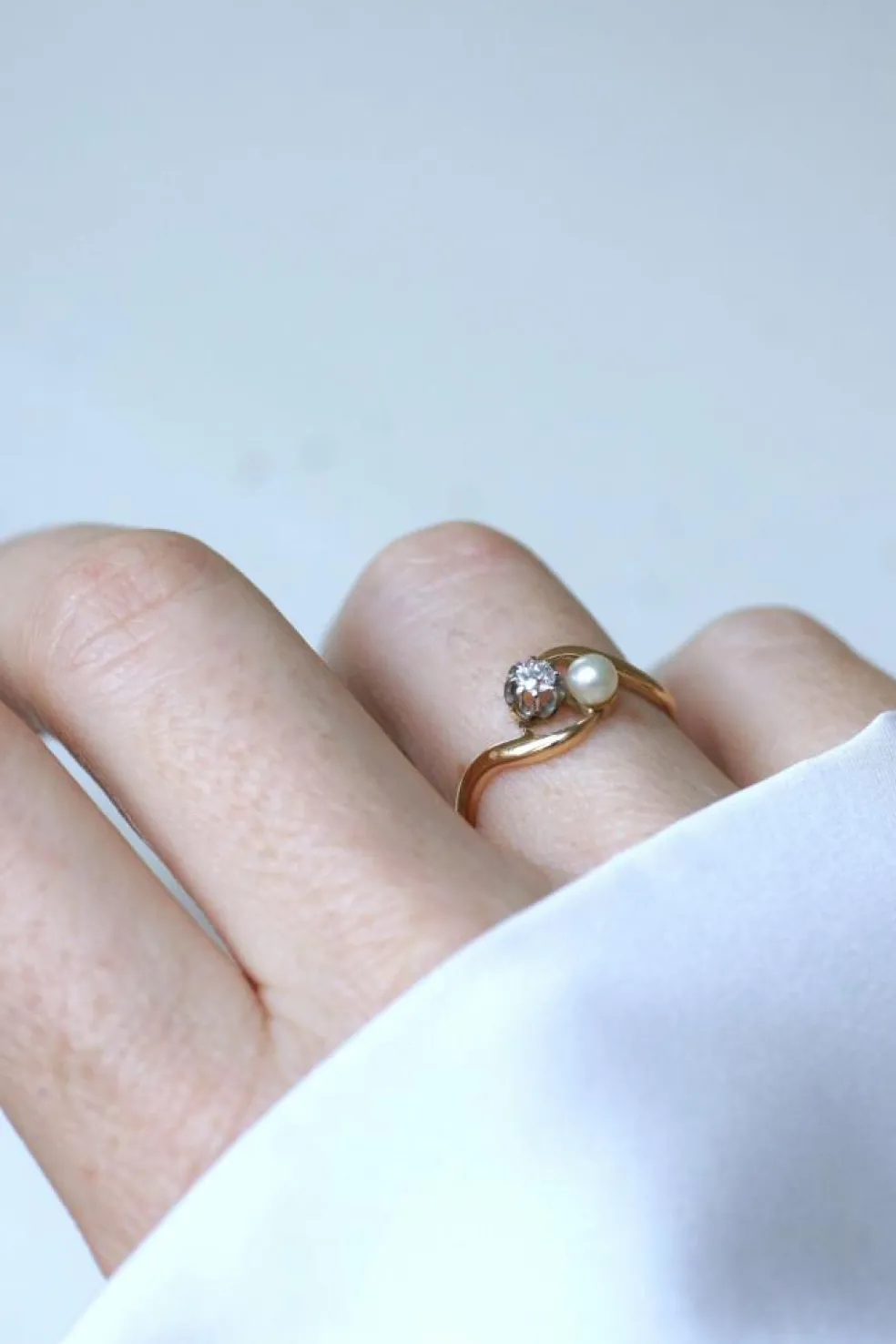 Bague Toi et Moi en Or Jaune Platine Perle et Diamant