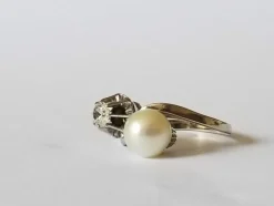 Bague Toi et Moi or blanc diamant et perle de culture