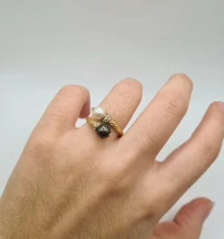 Bague Toi et moi or jaune sertie de diamants et perles de culture et Tahiti