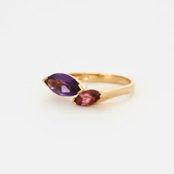 Bague toi et moi or jaune, améthyste et tourmaline