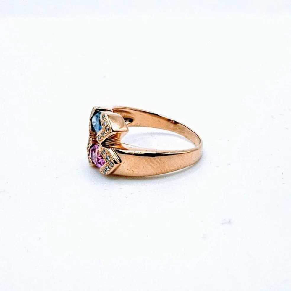 Bague Toi et Moi Or jaune Saphirs bleu et rose épaulés de Diamants
