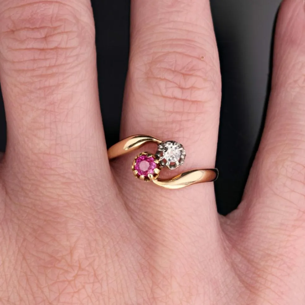 Bague Toi et Moi rubis diamant or jaune