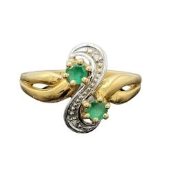 Bague Toi et Moi vintage en or jaune sertie d'émeraudes et de diamants