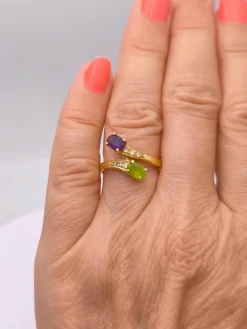 Bague Toi et Moi vintage péridot améthyste
