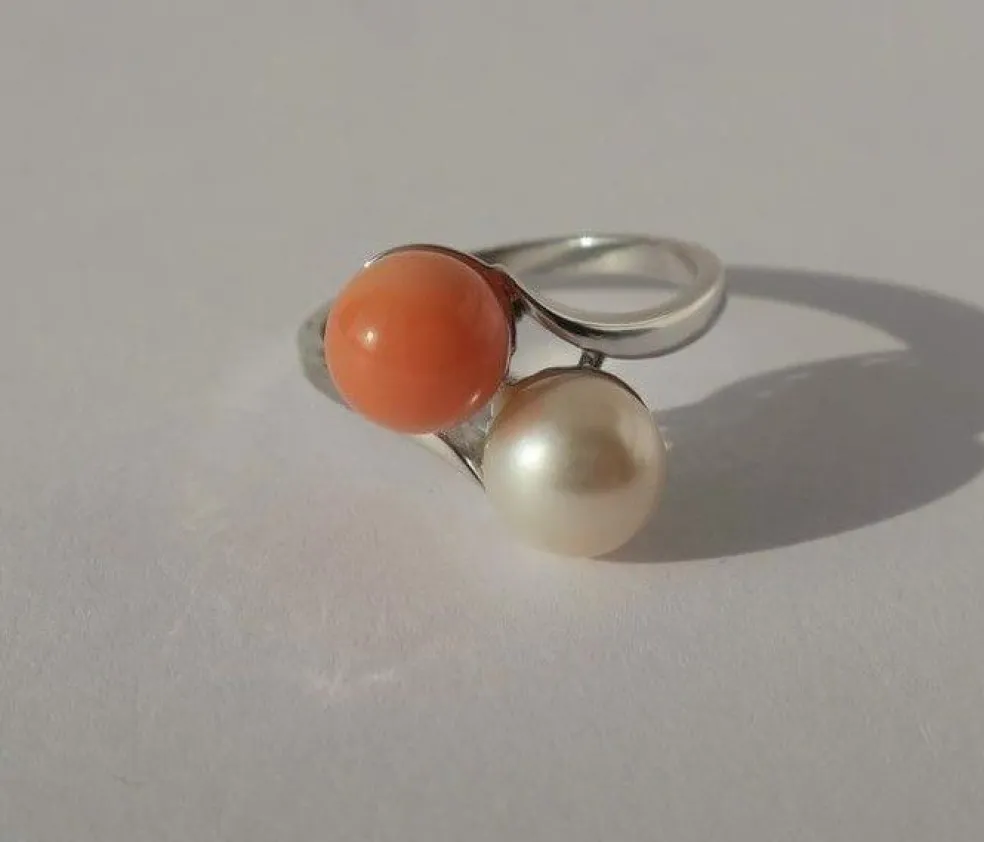 Bague Toi et Moi vintage or blanc perle corail