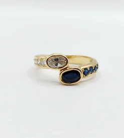 Bague toi et moi vintage or jaune 18k diamant de 0,35 carats et saphir de 0,40 carats