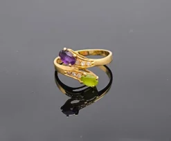 Bague Toi et Moi vintage péridot améthyste