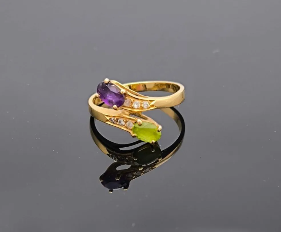 Bague Toi et Moi vintage péridot améthyste