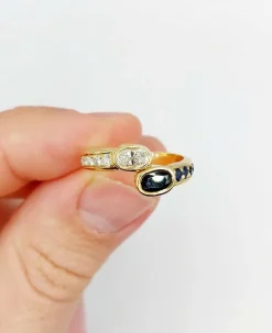 Bague toi et moi vintage or jaune 18k diamant de 0,35 carats et saphir de 0,40 carats