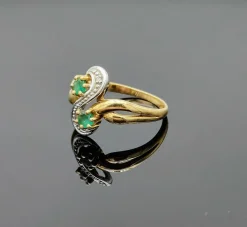 Bague Toi et Moi vintage en or jaune sertie d'émeraudes et de diamants