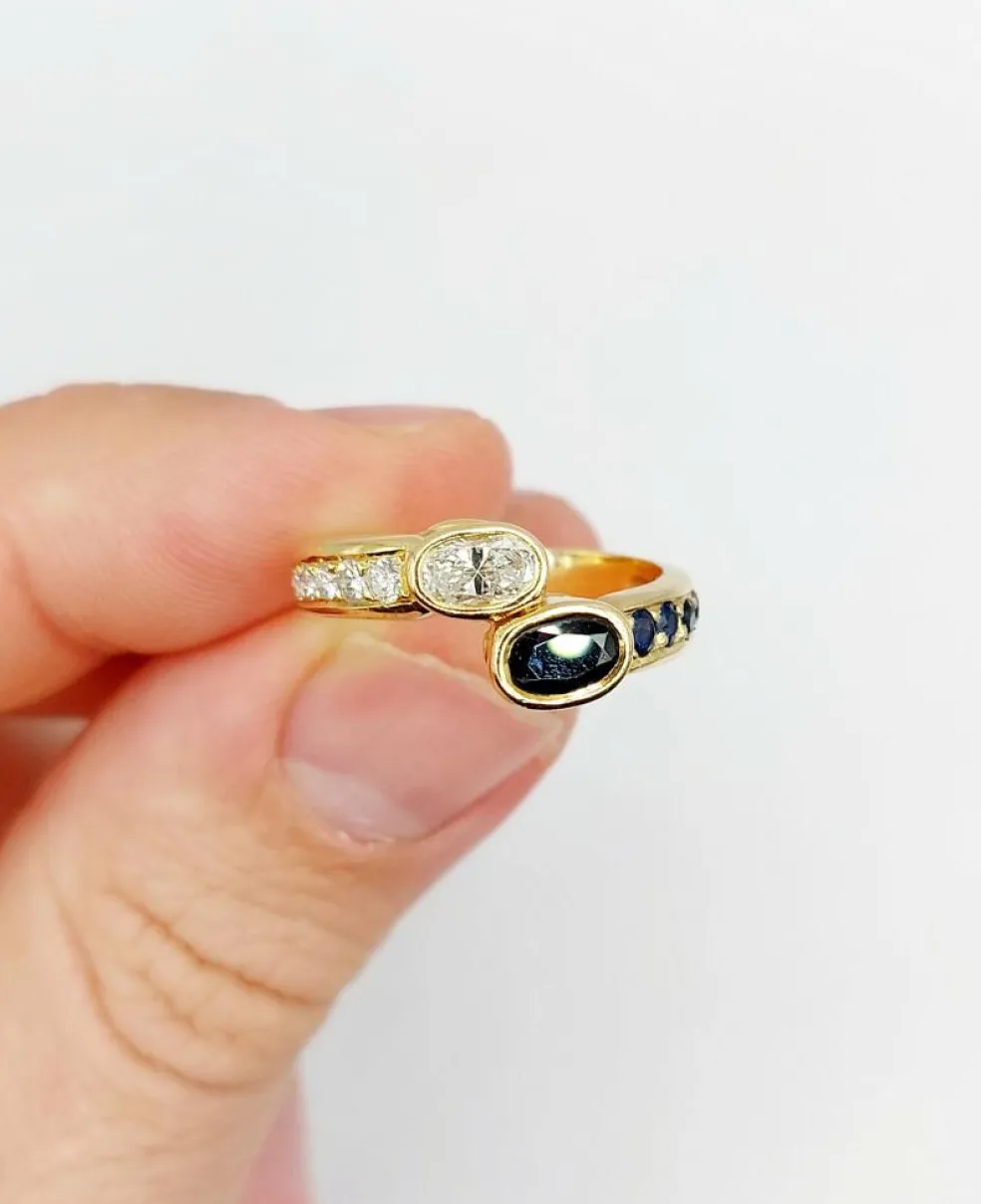 Bague toi et moi vintage or jaune 18k diamant de 0,35 carats et saphir de 0,40 carats